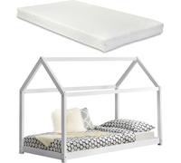 [en.casa] Lit d'enfant avec matelas 90x200cm blanc design maison en pin Lit en bois Lit d'intérieur Matelas en mousse froide Oeko-Tex Standard 100 Adapté aux personnes allergiques Respirant
