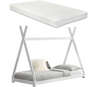 [en.casa] Lit d'enfant avec matelas 90x200cm blanc design tipi en pin Lit en bois Lit d'intérieur Matelas mousse froide Oeko-Tex Standard 100 Adapté aux personnes allergiques Respirant
