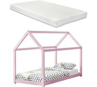 [en.casa] Lit d'enfant avec matelas 90x200cm rose bois maison design pin lit en bois lit maison matelas mousse froide Oeko-Tex Standard 100 Adapté aux personnes allergiques Respirant