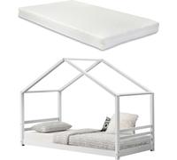 [en.casa] Lit d'enfant avec sommier à lattes, grille et matelas 90x200cm Lit de maison en bois blanc Maison de lit Lit d'adolescent
