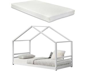 [en.casa] Lit d'enfant avec sommier à lattes, grille et matelas 90x200cm Lit de maison en bois blanc Maison de lit Lit d'adolescent
