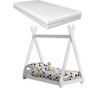 [en.casa] Lit d'enfant blanc avec matelas 70x140cm Design tipi en pin Lit en bois Lit de maison Matelas en mousse froide Oeko-Tex Standard 100 Adapté aux personnes allergiques Respirant