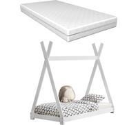 [en.casa] Lit d'enfant blanc avec matelas 80x160cm Design tipi en pin Lit en bois Lit d'intérieur Matelas mousse froide Oeko-Tex Standard 100 Adapté aux personnes allergiques Respirant