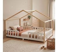 [en.casa] Lit d'enfant Cabane Treviolo 140 x 200 cm Blanc Naturel | Lit Montessori en Forme de Maison avec Barrière et Sommier à Lattes Style Scandinave Capacité 200 kg Bois de Pin