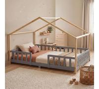 Lit bébé "Treviolo" au style maison, avec barrière de sécurité, en bois de pin, dimensions 140 x 200 cm, couleur gris clair / blanc