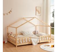 [en.casa] Lit d'enfant Cabane Treviolo 140 x 200 cm Lit Montessori en Forme de Maison avec Barrière et Sommier à Lattes Solide Style Scandinave Capacité de Charge 200 kg Bois de Pin Naturel
