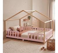 Lit bébé "Treviolo" au style maison, avec barrière de sécurité, en bois de pin, dimensions 140 x 200 cm, couleur rose/naturel