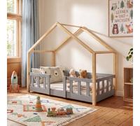 [en.casa] Lit d'Enfant Cabane Treviolo 70 x 140 cm Gris Clair Naturel | lit Montessori en forme de maison, avec barrière et sommier à lattes, style scandinave, capacité 70 kg, bois de pin