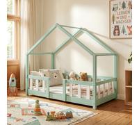 Lit d'enfant « Treviolo » style maison avec barrière de sécurité, en bois de pin, 70 x 140 cm, vert menthe / blanc
