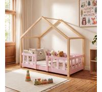 [en.casa] Lit d'Enfant Cabane Treviolo 70 x 140 cm Rose Naturel | lit Montessori en forme de maison, avec barrière et sommier à lattes, style scandinave, capacité 70 kg, bois de pin