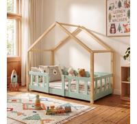 [en.casa] Lit d'Enfant Cabane Treviolo 70 x 140 cm Vert Menthe Naturel | lit Montessori en forme de maison, avec barrière et sommier à lattes, style scandinave, capacité 70 kg, bois de pin
