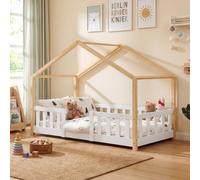 [en.casa] Lit d'Enfant Cabane Treviolo 80 x 160 cm Blanc Naturel | lit Montessori en forme de maison, avec barrière et sommier à lattes, style scandinave, capacité 80 kg, bois de pin