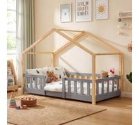 Lit bébé "Treviolo" au style maison, avec barrière de sécurité, en bois de pin, dimensions 80 x 160 cm, couleur gris clair / naturel