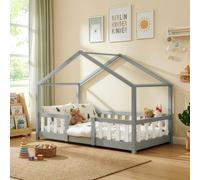 Lit d'enfant « Treviolo » style maison avec barrière de sécurité, en pin, 80 x 160 cm, gris clair / blanc