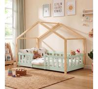 Lit bébé "Treviolo" au style maison, avec barrière de sécurité, en bois de pin, dimensions 80 x 160 cm, couleur vert menthe / naturel