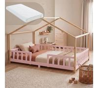 Lit bébé "Treviolo" avec matelas et barrière de sécurité, dimensions 140x200 cm, couleur rose/naturel