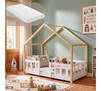 Lit bébé "Treviolo" avec matelas et barrière de sécurité, dimensions 70x140 cm, blanc/naturel