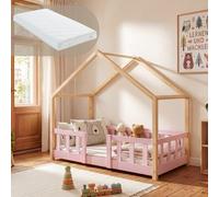Lit bébé "Treviolo" avec matelas et barrière de sécurité, dimensions 70x140 cm, couleur rose/naturel