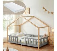 [en.casa] Lit d'enfant Cabane Treviolo Matelas 90 x 200 cm Gris Naturel | Lit Montessori en Forme de Maison avec Barrière de Protection Design Scandinave avec Matelas en Mousse Froide Bois de Pin
