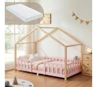 Lit bébé "Treviolo" avec matelas et barrière de sécurité, dimensions 90x200 cm, couleur rose/naturel