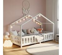 [en.casa] Lit d'enfant Design en Forme Maison avec Grille de Protection Construction Solide Capacité de Charge 50 kg Bois de Pin Contreplaqué 140 x 70 cm Blanc Mat Laqué