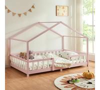 [en.casa] Lit d'enfant Design en Forme Maison avec Grille de Protection Construction Solide Capacité de Charge 150 kg Bois de Pin Contreplaqué 200 x 140 cm Rose Blanc Mat