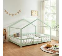 [en.casa] Lit d'enfant Design en Forme Maison avec Grille de Protection Construction Solide Capacité de Charge 150 kg Bois de Pin Contreplaqué 200 x 140 cm Vert Menthe Blanc Mat