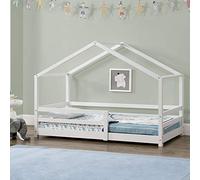 Lit d'enfant 'Knätten' à l'aspect de maison avec protection contre les chutes en pin 80 x 160 cm blanc