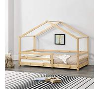 [en.casa] Lit d'enfant en Forme de Maison avec Barreaux de Sécurité Grille de Protection Structure Solide Design Ludique Pin Naturel 70 x 140 cm Bois Naturel