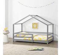[en.casa] Lit d'enfant en Forme de Maison avec Barreaux de Sécurité Grille de Protection Structure Solide Design Ludique Pin Naturel 70 x 140 cm Gris Clair Mat Laqué