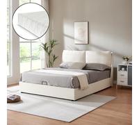 [en.casa] Lit Double avec Sommier à Lattes Coffre de Rangement Tête de Lit Rembourrée Matelas à Mousse Froid Respirant Résistant Contreplaqué Polyester Plastique 160 x 200 cm Beige