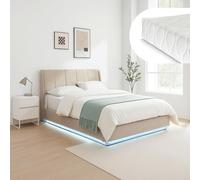 [en.casa] Lit Double Capitonné avec Matelas et Éclairage LED Réglable par Télécommande Coffre de Lit Spacieux Confortable Capacité de Charge 500 kg MDF Polyester Métal 160 x 200 cm Beige