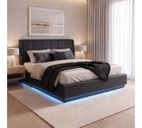 [en.casa] Lit Double Capitonné Tröstiar LED 160 x 200 cm Noir Simili | Réglable par Télécommande et Coffre de Lit Spacieux Confortable Sommier à Lattes Capacité de Charge 500 kg