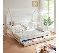 Lit double pour enfants « Aarghonmaa » en forme de maison 90 x 200 cm avec lit gigogne, barrière de sécurité et 2 tiroirs en bois de pin blanc