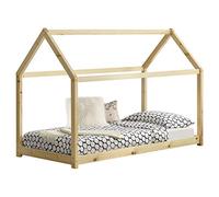 [en.casa] Lit Enfant Design Maison Cadre Structure Lit Bois Blanc Cabane 206 x 98 x 142 cm Couleur Bois Naturel