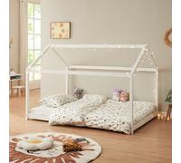 [en.casa] Lit Enfant en Forme de Maison Lit Cabane Solide avec Sommier à Lattes Capacité de Charge 140 kg Bois de Pin 140 x 200 cm Blanc Mat Laqué