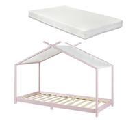 [en.casa] Lit Enfant Forme Maison avec Matelas à Mousse Froid Respirant Sommier à Lattes Lit Cabane pour Chambre d'enfant Bois de Pin Contreplaqué 90 x 200 cm Rose Blanc