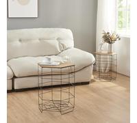 [en.casa] Lot de 2 Paniers avec Plateaux Amovibles Forme Hexagonale Tables Basses Gigognes de Tailles Différentes Métal MDF Noir Effet Bois