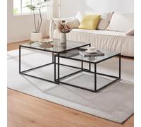 [en.casa] Lot de 2 Tables Basses Gigognes Ensemble de 2 Tables d'Appoint de Tailles Différentes Set de 2 Bouts de Canapé Design Industriel Gain de Place Acier Verre Trempé Noir Verre Fumé Gris