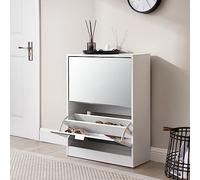 [en.casa] Meuble à Chaussures à Tiroirs Inclinés avec Miroir Armoire à Chaussures à 2 Abattants Range-Chaussures pour Entrée Rangement pour Couloir Panneau de Particules 80 x 60 x 24 cm Blanc