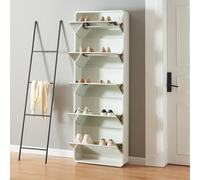 [en.casa] Meuble à Chaussures avec 5 Portes Abattantes avec Façade en Miroir Range-Chaussures pour 20 Paires de Baskets Sandales Entrée Couloir MDF Verre Bois 180 x 63 x 24 cm Blanc