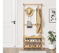 [en.casa] Meuble d'Entrée avec Banc à Chaussures Barre de Penderie 5 Crochets pour Vêtements Portemanteau Bambou 168 x 70 x 35 cm Naturel