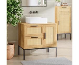 [en.casa] Meuble sous Lavabo avec 1 Porte et 2 Tiroirs avec Façade Effet Rotin Décoratif Structure Stable Métal Panneau de Particules Salle de Bain Toilette Buanderie 60 x 60 x 40 cm Effet Chêne Noir
