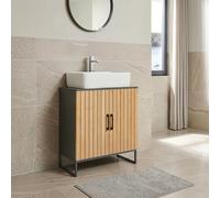 [en.casa] Meuble sous Lavabo Svanes avec 2 Portes à Lattes 3 Compartiments Intérieurs Meuble sous Vasque Design pour Salle de Bain WC Bambou 70 x 60 x 30 cm Gris Foncé Naturel