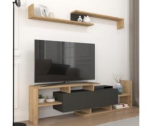 [en.casa] Meuble TV avec Étagère Murale Support Télé Compartiments de Rangement Ouverts et Armoire Stable Élégant Moderne Salon Séjour Chambre Panneau de Particules 154 x 28 x 42 cm Chêne Saphir Noir