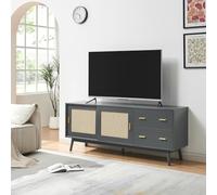 [en.casa] Meuble TV Élégant avec 2 Tiroirs 2 Portes Coulissantes Buffet Vaisselier Armoire Basse Rangement pour Salon Chambre MDF Polyrotin Bois de Pin 160 x 40 x 65 cm Gris