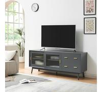 [en.casa] Meuble TV Élégant avec 2 Tiroirs 2 Portes Coulissantes Buffet Vaisselier Armoire Basse Rangement pour Salon Chambre MDF Verre Strié Bois de Pin 160 x 40 x 65 cm Gris