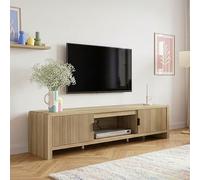 [en.casa] Meuble TV Lukkodso 150x40x40 cm avec 2 Portes Effet Chêne Clair | compartiment ouvert, passe-câbles, meuble de rangement, grand plateau, salon, chambre