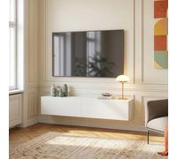 [en.casa] Meuble TV Mural Evaton 160 x 32 x 30 cm avec 2 Portes Abattantes Support Télé Flottant Étagère Moderne avec 2 Compartiments de Rangement Salon Chambre Bureau Blanc Mat