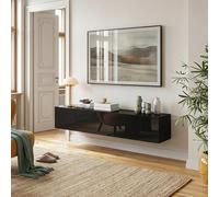 [en.casa] Meuble TV Mural Evaton 160 x 32 x 30 cm avec 2 Portes Abattantes Support Télé Flottant Étagère Moderne avec 2 Compartiments de Rangement Salon Chambre Bureau Noir Brillant